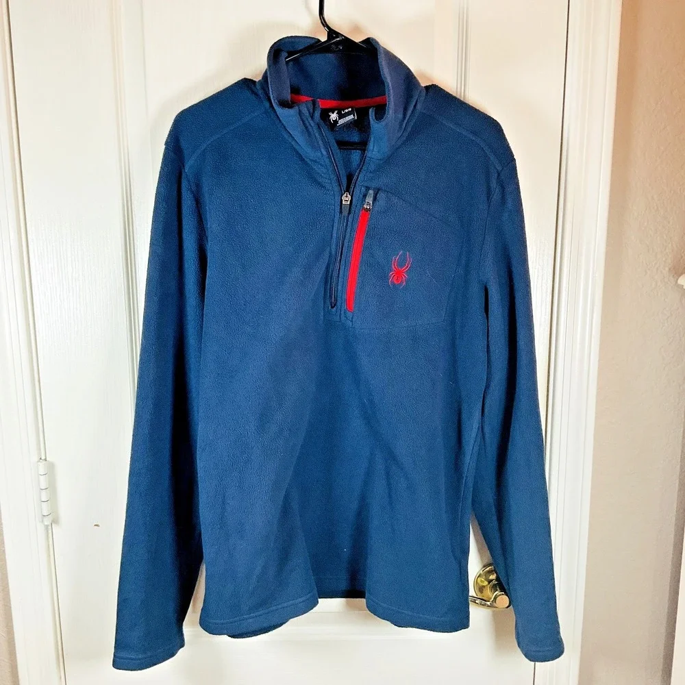Spyder Men's L‎ Blue Pullover Quarter Zip High Collar Red Logo NWOT